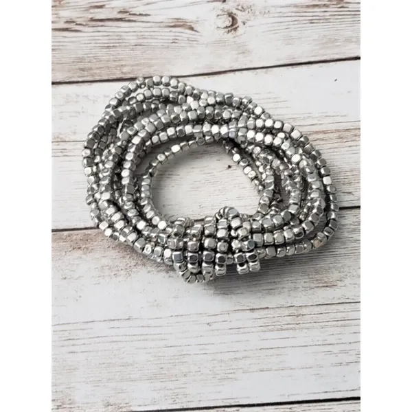 Vintage Bracelet / Bangle Stretchy Silver Tone Beads with Knot Design - Image 4