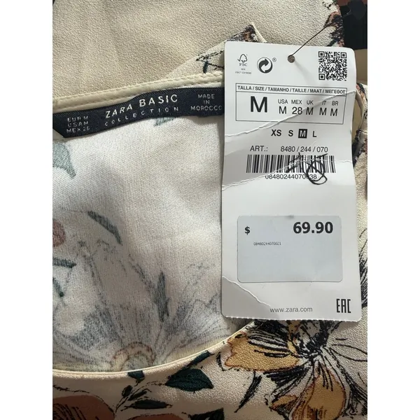 ZARA Floral Cream Brown Striped Hem 3/4 Sleeve‎ Shift Mini Dress NWT $70 Medium - Image 9