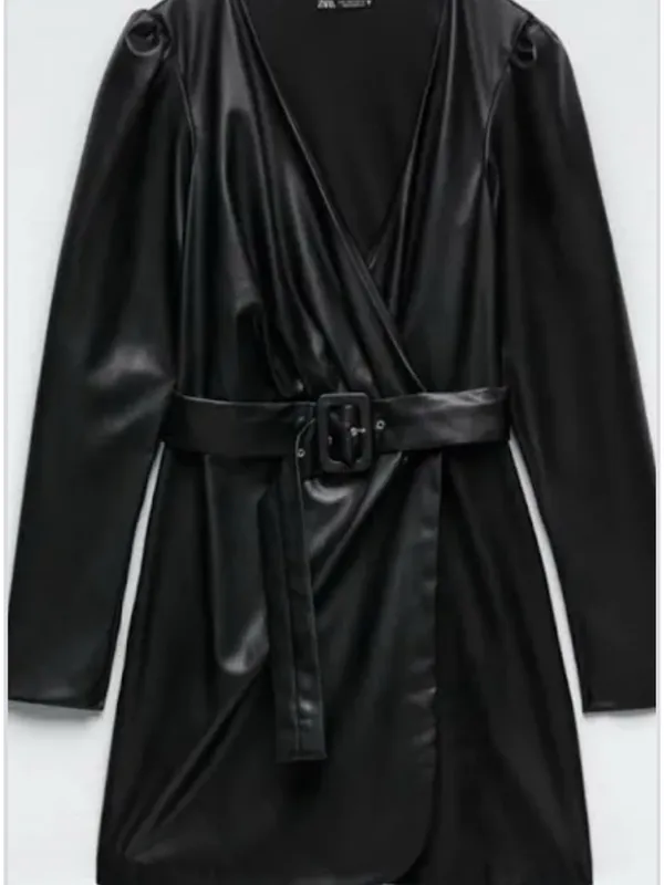 Zara Black Faux Leather Wrapped Belted Jacket - Image 2