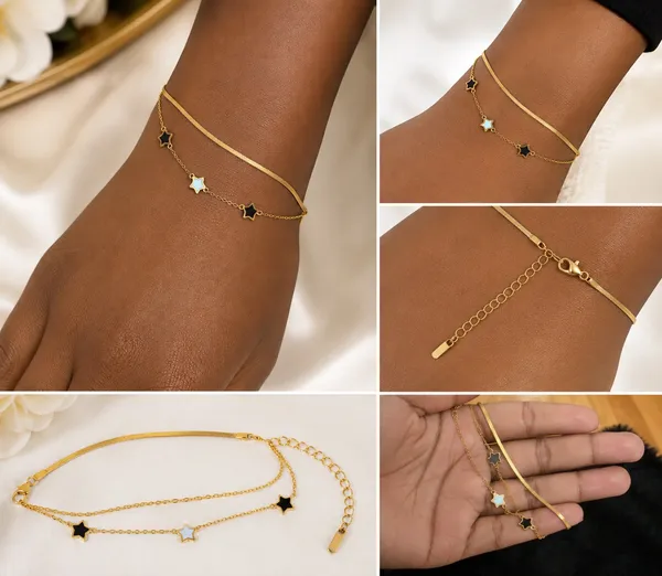 Stainless Steel Gold Tone Star Charm Anklet Layered Double Chain Ankle Bracelet Women - Image 2