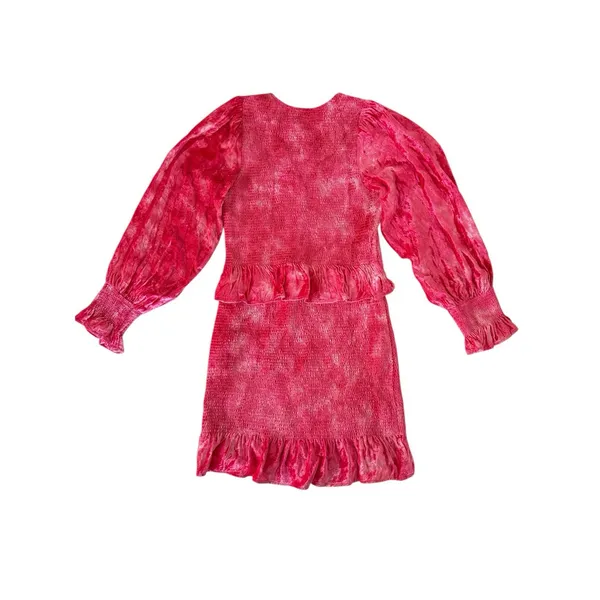 Loveshackfancy Evan Mini Dress Womens‎ Medium Pink Tie Dye Velvet Ruffle Smocked - Image 7