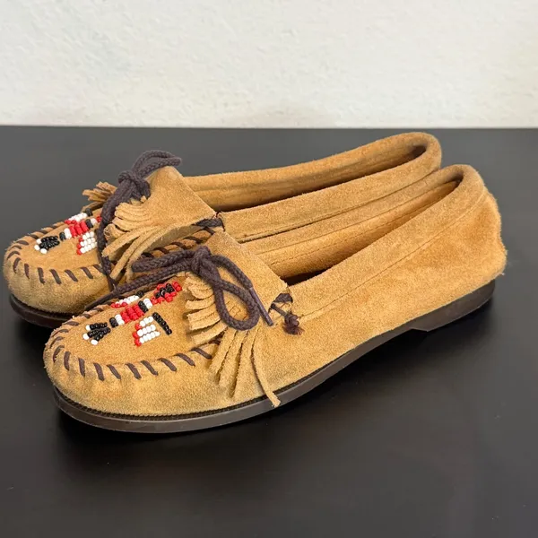 Minnetonka Thunderbird Suede Moccasins Womens 7.5 Beaded Fringe Loafers Flats - Image 12