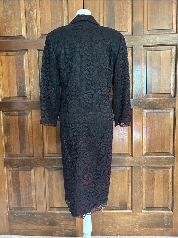 Vtg Le Crillon‎ Black Red Lace 2 Piece Dress Blazer Suit Set Size 10 Wedding - Image 5