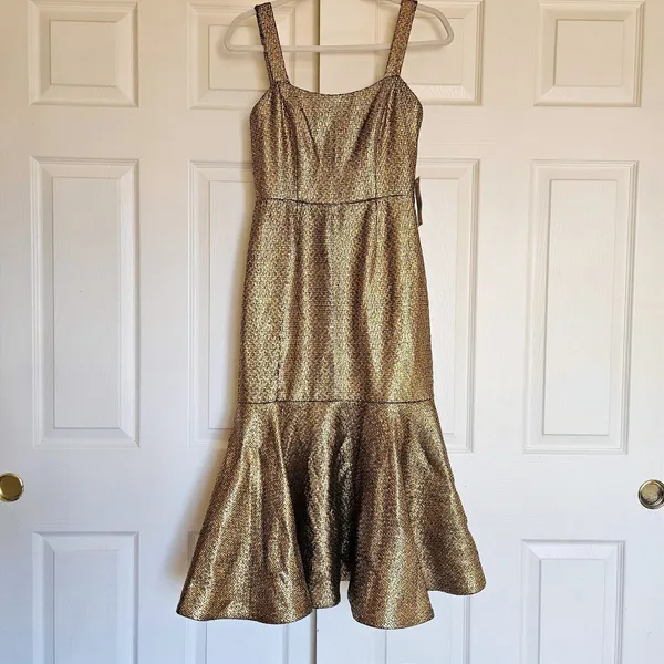 Mestiza New York Jody Metallic Gold Tweed‎ Square Neck Flutter Hem Midi Dress 2 - Image 3