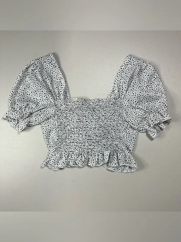 SHEIN White Black Polka Dot Ruched Tie Front Puff Sleeve Crop Top Size M - Image 3