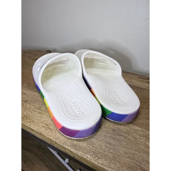 Crocs Classic Slide White Rainbow Stripe Pride Sandals Size 8 - Image 6