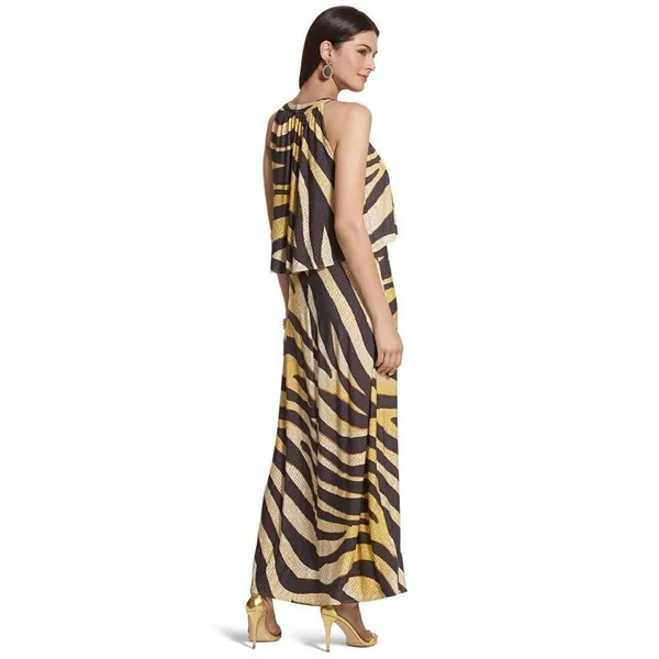 Chico's Black And Gold Zebra Print Jersey‎ Sleeveless Halter Neck Maxi Dress S - Image 3