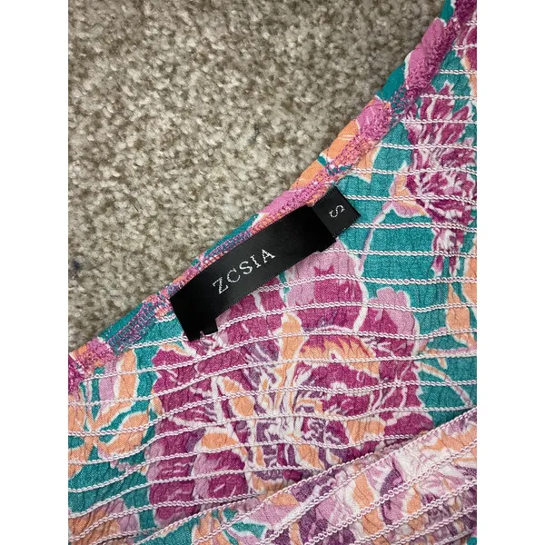 Zcsia One Shoulder Floral Midi Dress Smocked Teal Pink Boho Size Small - Image 5