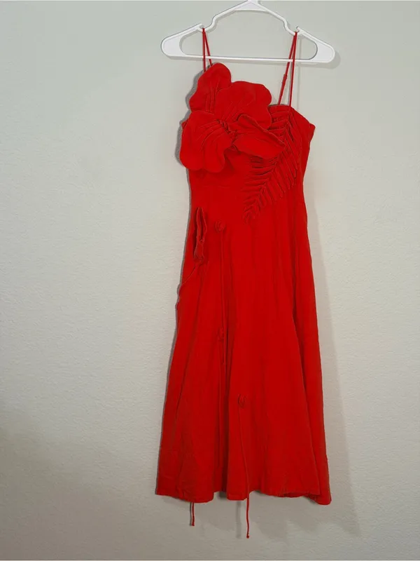 Farm Rio Red Garden Linen Blend Cocktail Midi Dress Size XS - Image 3