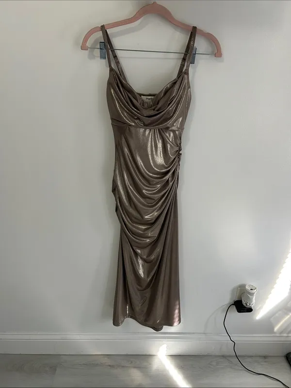 Popilush Metallic Cowl Neck Ruched Midi Dress Bronze - Image 4