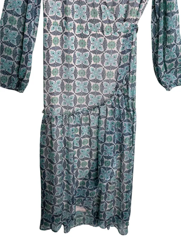Lovestitch Rio Blue Patterned Maxi Wrap Dress Size L EUC Boho Chiffon - Image 5