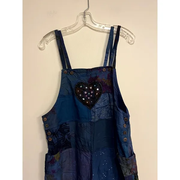 Patchwork Overalls Cotton Blue Crochet Heart Boho Hippie Women Size M - Image 3