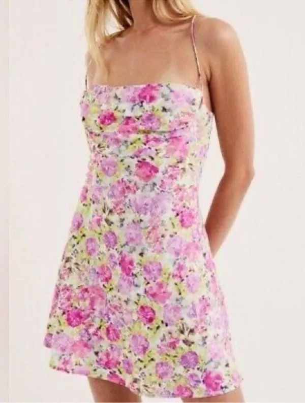 For Love And Lemons Paulina Rose Pink / Green Floral Mini Dress NWT Crossback M - Image 2