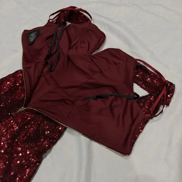 B. SMART Burgundy Sequin Prom Jumpsuit Off-The-Shoulder Sweetheart Gala Size 3/4 - Image 9