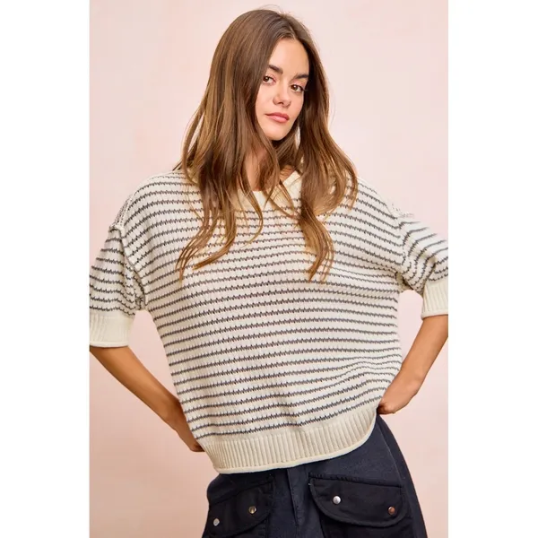 BiBi Stripes Short Sleeves Rib Banded Outseam Knit Top‎ - Cream/Grey - Medium - Image 7
