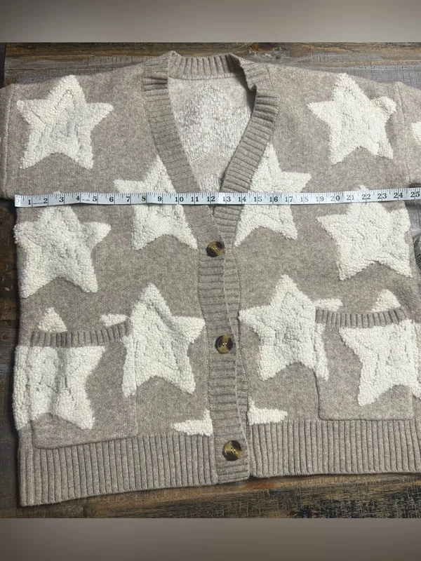 Cozy Star Pattern Cardigan Sweater - Taupe & Cream - Image 5