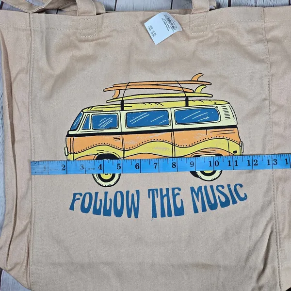 American Eagle Canvas‎ Tote Bag Follow The Music Van Surfboard Graphic Beige - Image 10
