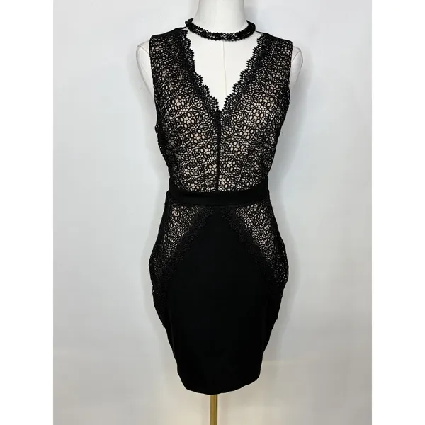 Lulus Black Crochet Lace V-Neck Bodycon Mini Cocktail Dress Small - Image 2