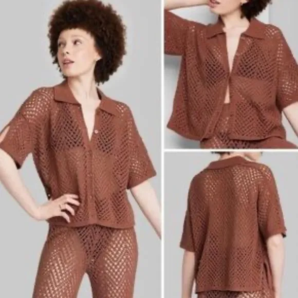 Wild Fable size small brown crochet beach coverup button up polo - Image 2