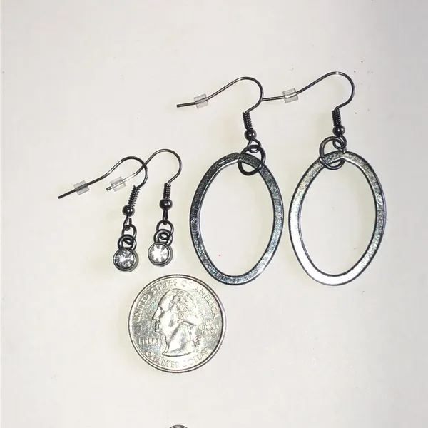 Dark Metal Oval Drop Earrings Set with Crystal Accent Drop Earrings - Image 3