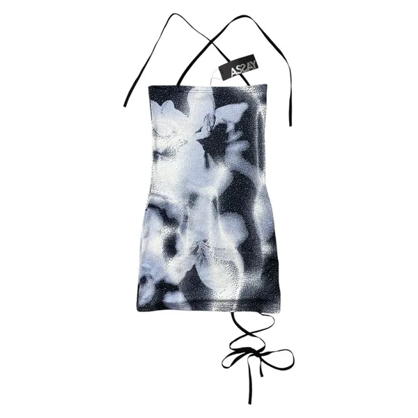 MUSINSA | Blue & White Floral Flower Print Bodycon Halter Dusty Mini Dress - Image 4