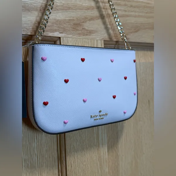 kate spade Pink Madison Heart Studs Pouch Gold Chain Strap Powdered Sugar NWT - Image 4