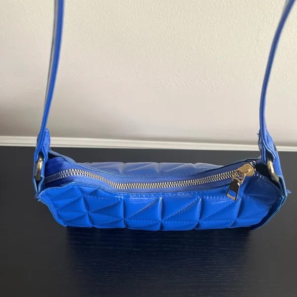 Shein Quilted Pattern Baguette Shoulder Bag Purse Blue Diamond Grid Zipper - Image 6