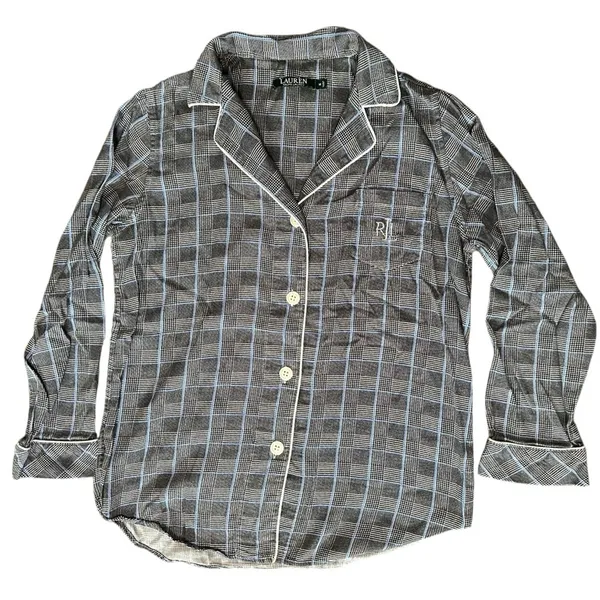Lauren Ralph Lauren Size M Black Blue Plaid Long Sleeve Pajama Top & Bottom Set - Image 3