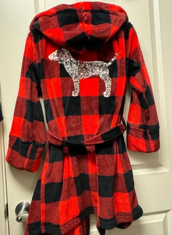 red and black buffalo plaid plush hooded robe from Victoria's Secret PINK featuring a large silver sequin dog logo on the back - Image 6