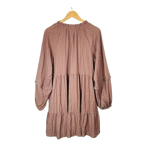 Listicle‎ Tiered Mini Dress Womens Large Dusty Rose Textured Grid Balloon Sleeve - Image 3