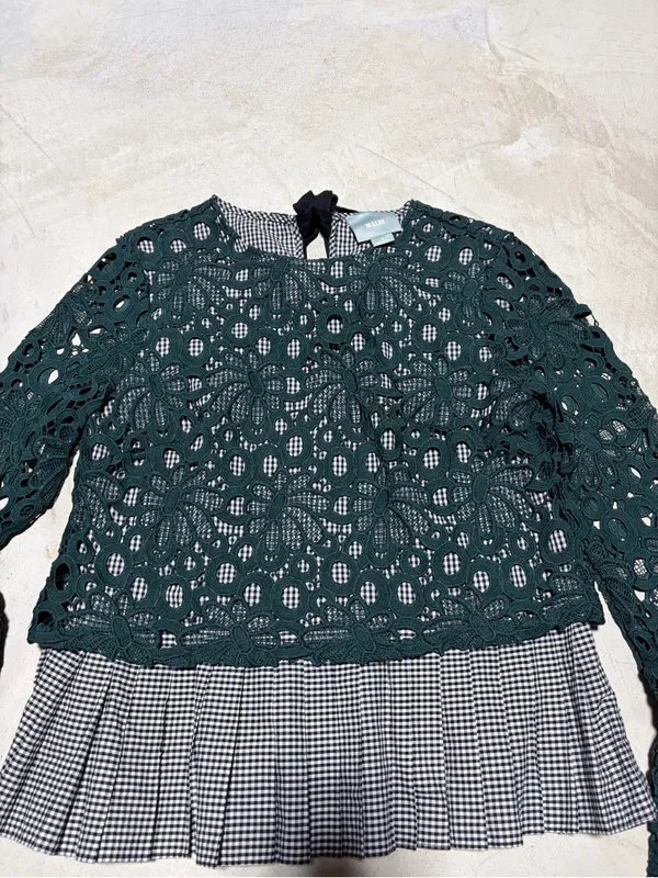 Anthropologie Maeve Gabriella Lace Overlay Peplum Top Dark Green small - Image 4