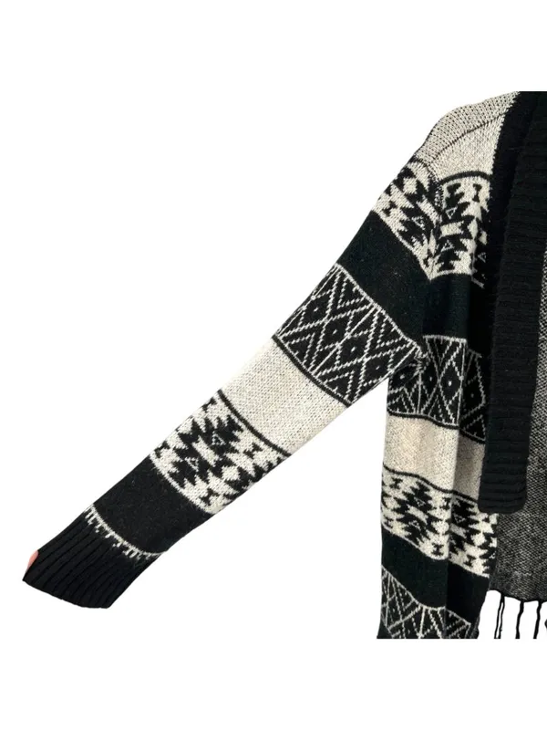 United States Sweaters Black Beige Open Cardigan Large Fringe Hem Aztec Boho - Image 3