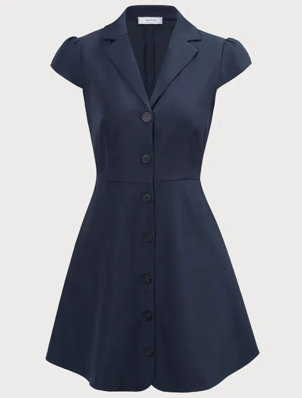 Rihoas Navy Lapel Cap Sleeve Button-up Mini Dress - Image 6