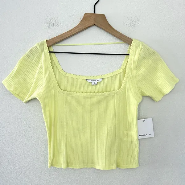 NWT O'Neill 100% Cotton Lemon Yellow Crop Top Sz S Scalloped Hem Square Neck - Image 3