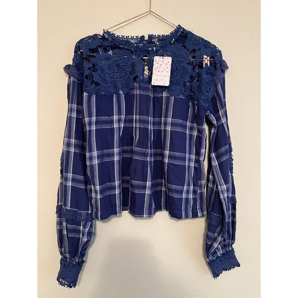 FREE PEOPLE Darling Diana Tunic Lace Top Size‎ XS-Blue Plaid $128 - Image 3