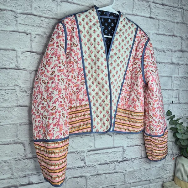 Reversible Quilted Jacket Floral Paisley Patchwork Cropped Boho Cottagecore L XL - Image 4