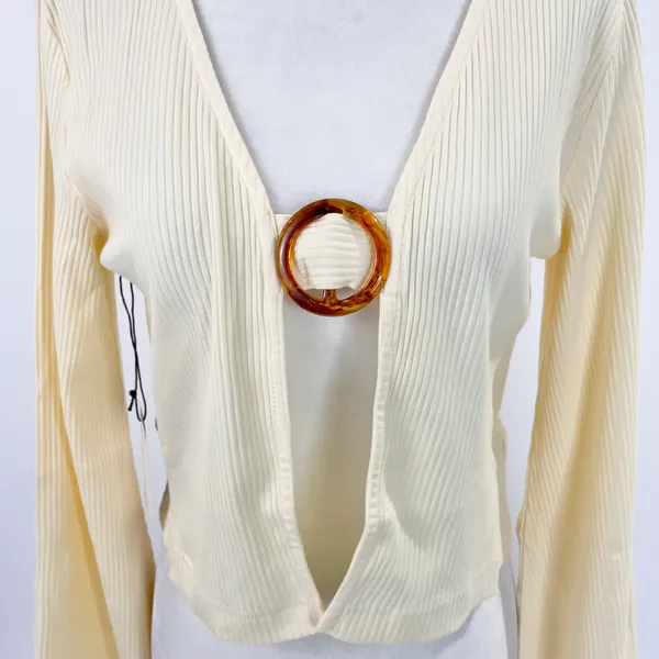 Callahan New Open Front Ring Bell Sleeve Ribbed Vera Top Creme - Image 7