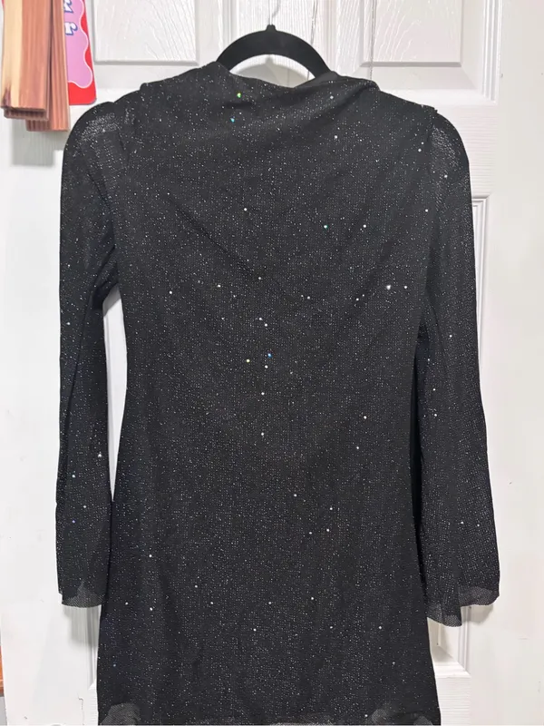 New! Black Sparkly Sequin Backless Tie Mini Long Sleeve mini dress - Image 6