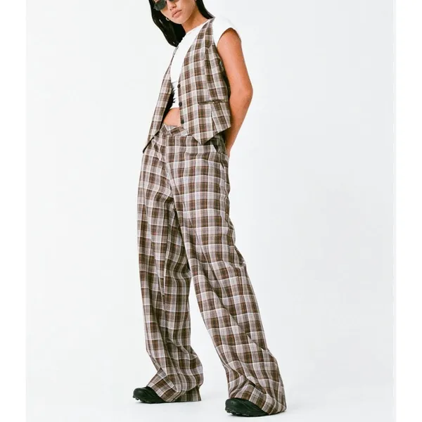 Motel Rocks X Olivia Neill Hondra Trousers & Vistana Vest Checks Size S Brown Gray - Image 7