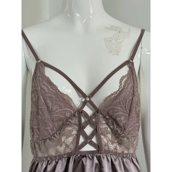 Women's Satin Chemise Nightgown Lace Lattice Strappy Slip Dress Mauve Size M - Image 6