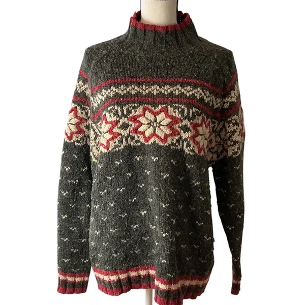 Casual Corner Vintage Nordic Fair Isle Wool Blend Mock Neck Sweater Gray XL - Image 2