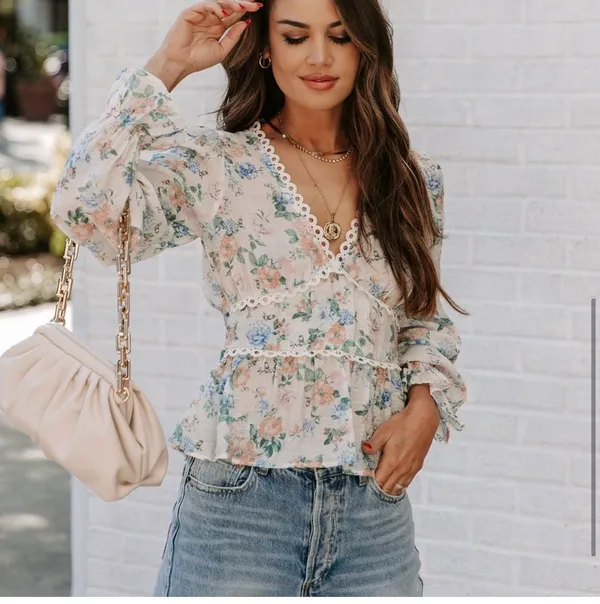 Vici New-Malaia Floral Crochet Peplum Top - Ivory Multi - Image 6