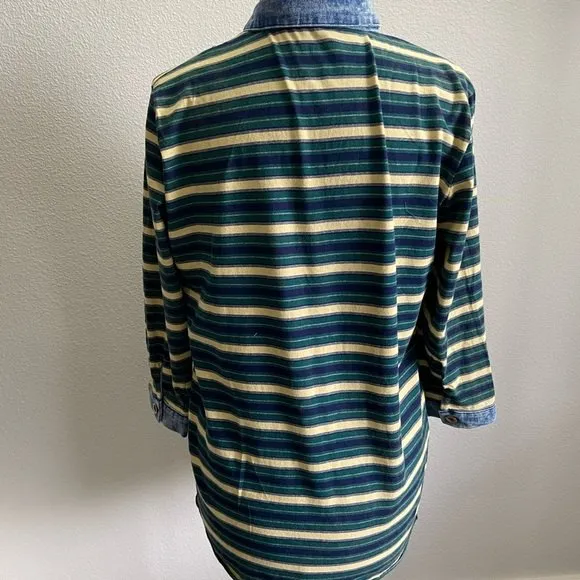 POL Stripe Polo Cotton Shirt Women 8/10 Small Denim Collar Button Cuff Wrist - Image 4