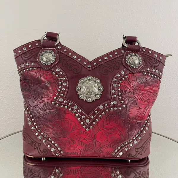 Y2K Red Burgundy Faux Tooled Leather Western Studded Shoulder Bag - Image 3