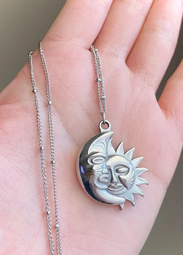 Handmade stainless steel whimsical vintage boho style sun & moon necklace🌛🌞 - Image 3