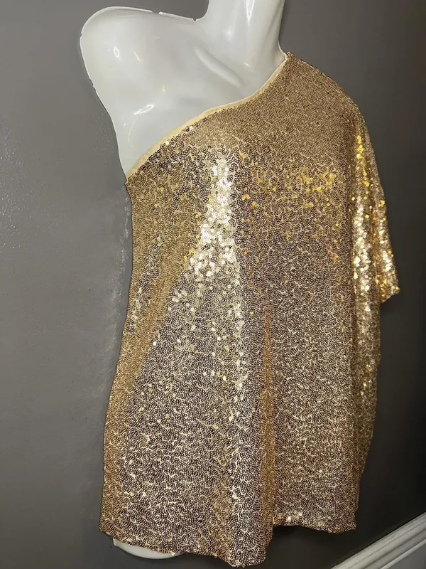 L Love Blouse Womens Medium Gold Sequin One Shoulder Asymmetrical Party Top - Image 3