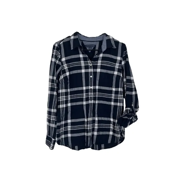 Tommy Hilfiger Womens S Blue Plaid Roll Tab Long Sleeve 3/4 Button-Down Flannel - Image 2