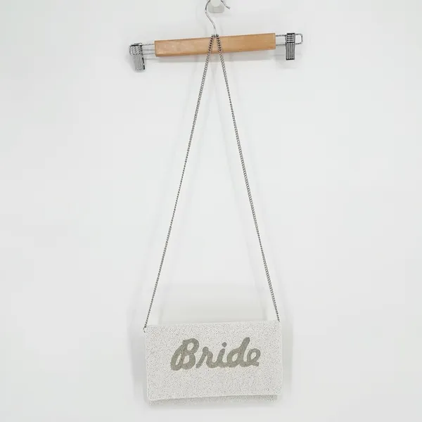 Lulus Bride Beaded Clutch Crossbody Bag White Silver - Image 4