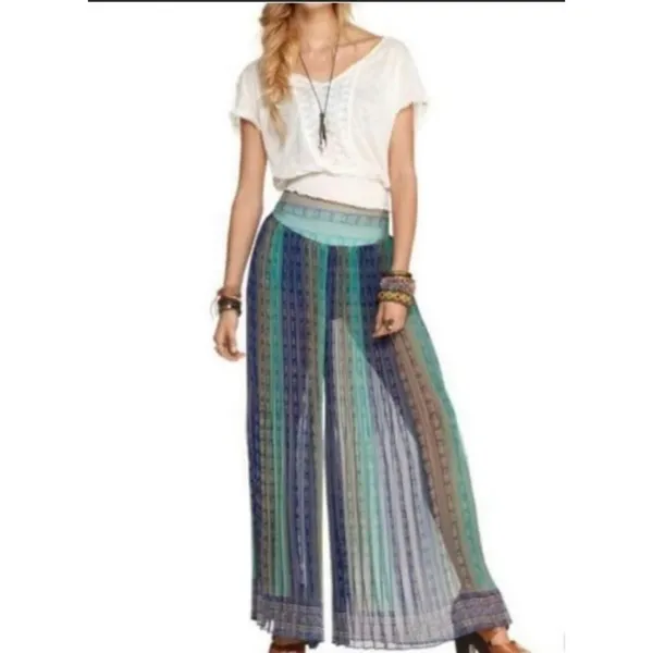 Free People Palazzo Pants Small Blue Green Geometric Boho Festival Wide Leg - Image 11
