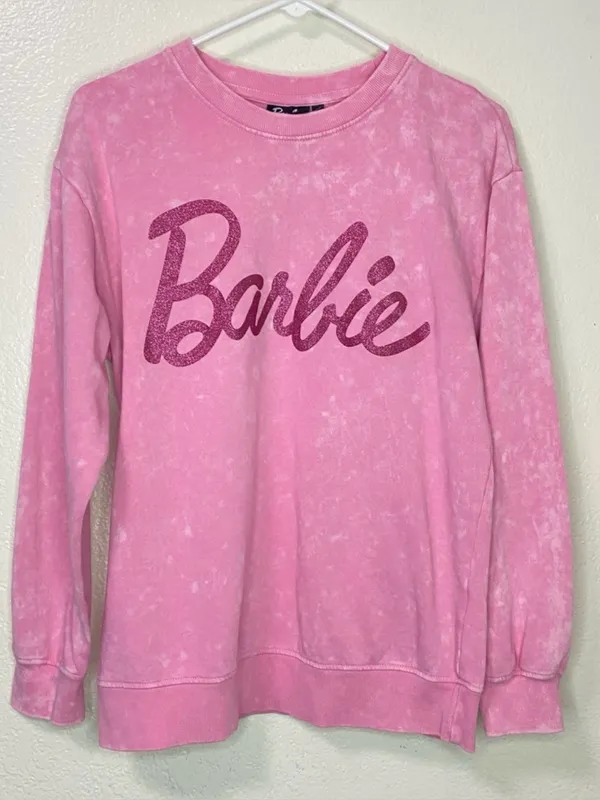 Barbie Pink Wash Pullover Crewneck Sweatshirt Pink Glitter Logo Pullover Med - Image 2